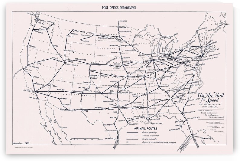 1933 USPS Airmail Routes Map – Depression-Era Promotional Map Showing New National Flight Paths to Encourage Public Use of Expanding Air Postal Services by History In Your Home