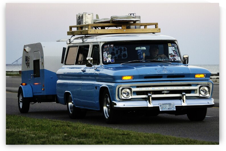 Blue Chevy Wagon with Trailer by Michelle Nichols