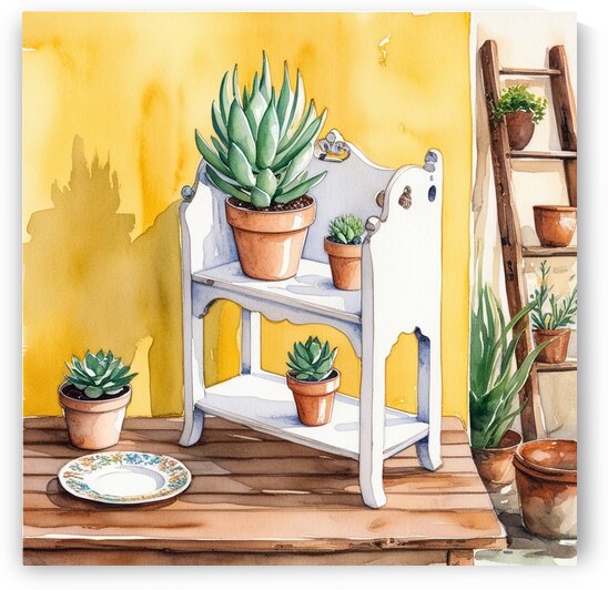  Illustration of a vintage white stand with a succulent plant by Kawtar el harda