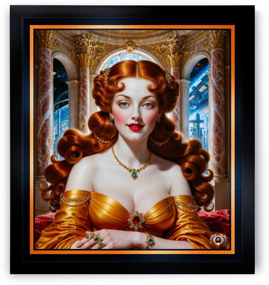 A Regal Redhead In A Gold Dress Amid Opulent Palace With Sci-Fi Backdrop Mesmerizing AI Concept Art by Xzendor7 by xzendor7