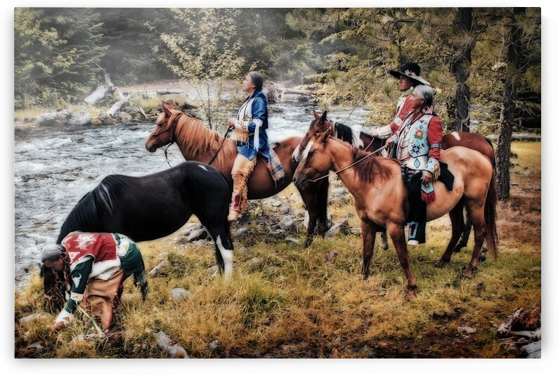 Waterside Native American Horseback Scene by Michael W Rutherford