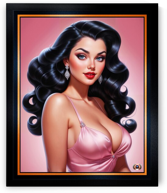 Glamorous Raven Haired Pin-up Girl In A Pink Satin Dress Illustration Mesmerizing AI Concept Art by Xzendor7 by xzendor7