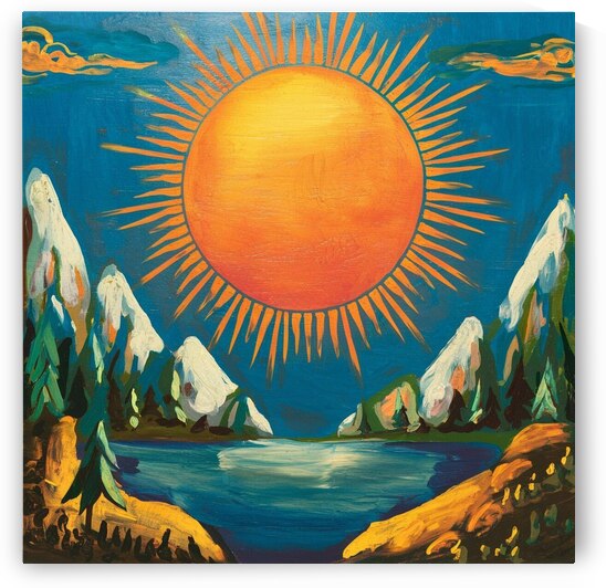 A painting of a large orange sun by Kawtar el harda