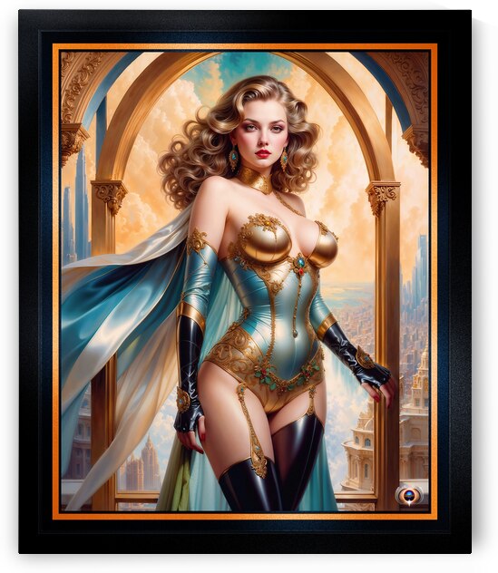 Regal Woman In Opulent Gold And Turquoise Attire Amidst Classic Cityscape Mesmerizing AI Concept Art by Xzendor7 by xzendor7