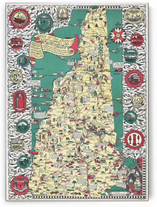 1926 Pictorial Map of New Hampshire – Whimsical and Informative Illustration Featuring Towns Landmarks Mountains and Local Folklore in a Classic New England Decorative Style by History In Your Home