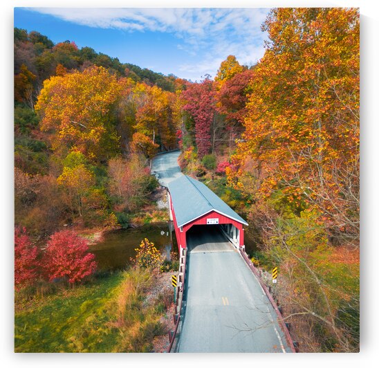 Schlichers Covered Bridge Autumn Aerial Facing North by Jason Fink