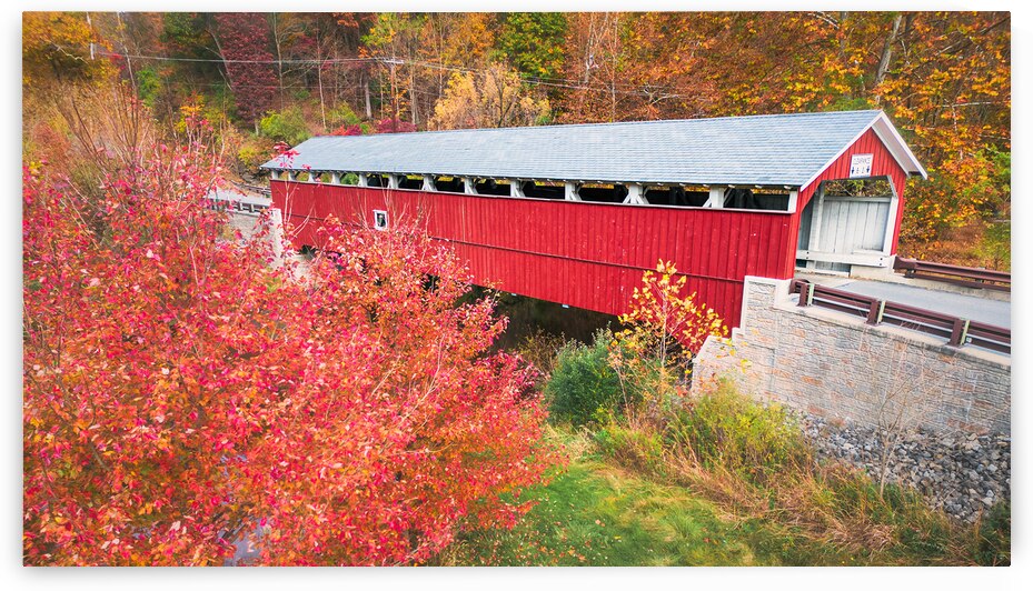 Schlichers Covered Bridge Elevated Autumn View by Jason Fink