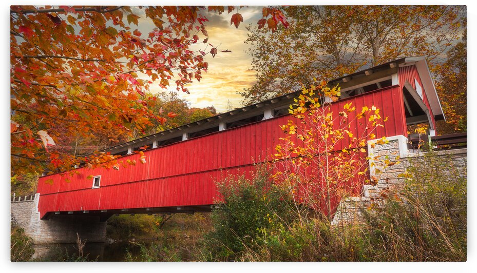 Schlichers Covered Bridge Autumn Sunrise by Jason Fink
