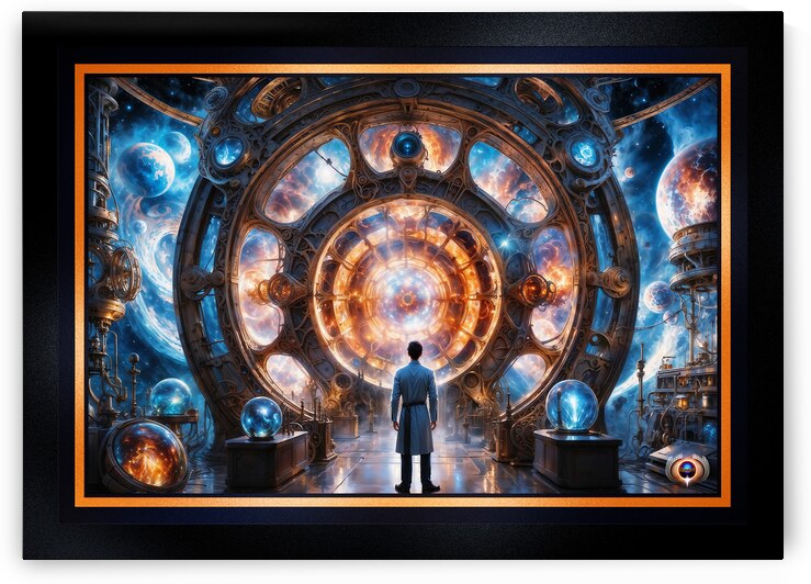 A Scientist Trans-Dimensional View Of The Cosmos Through A Celestial Portal Awe-Inspiring AI Concept Art by Xzendor7 by xzendor7