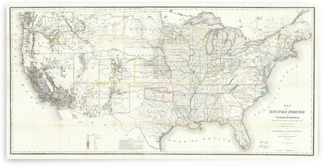 1866 Map of the United States Published by the General Land Office – Post-Civil War Township Grid Land Survey Lines and Western Expansion Routes by History In Your Home