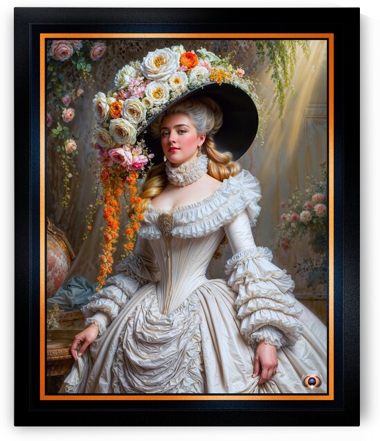 Portrait Of An Exquisite Victorian Woman In Opulent Attire And Floral Wide Brimmed Hat Mesmerizing AI Concept Art by Xzendor7 by xzendor7