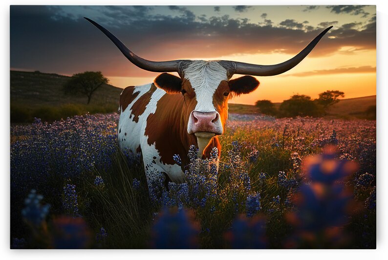 Texas longhorn cow bluebonnets at sunset by DELPHIMAGES