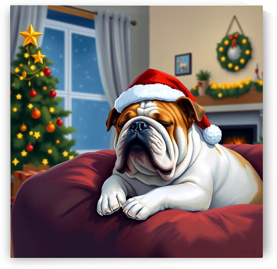 Bulldog in Santa Hat Christmas Living Room by Row One Brand