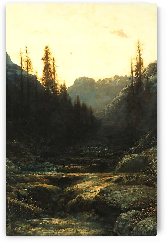 Stream in Mountains at Dusk Mid 1800s by Row One Brand