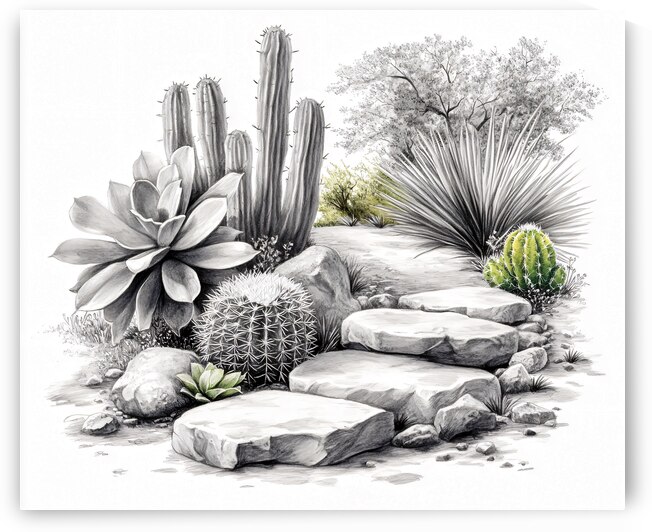 Cactus Garden Sketch Mainly Monochrome by Travelling Light