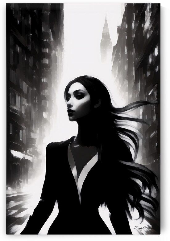 Beautiful & Mysterious Woman in the City in Black & White Painting  by Sandy Richter