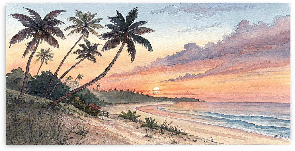 Sunset on a Tropical Beach Watercolor by Art by Josh