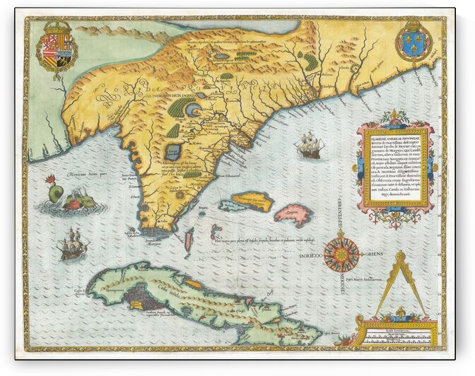 1591 De Bry and Le Moyne Map of Florida and Cuba – Renaissance-Era Engraving Based on French Exploration Showing Native Villages Rivers and Coastal Features of the Southeastern Americas by History In Your Home