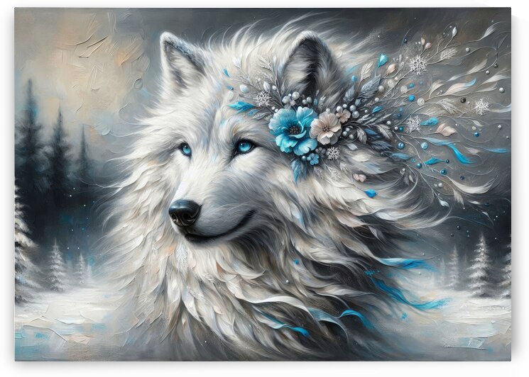 Majestic White Wolf with Floral Crown - Winter Fantasy Artwork by Anne Laure GOUPIL