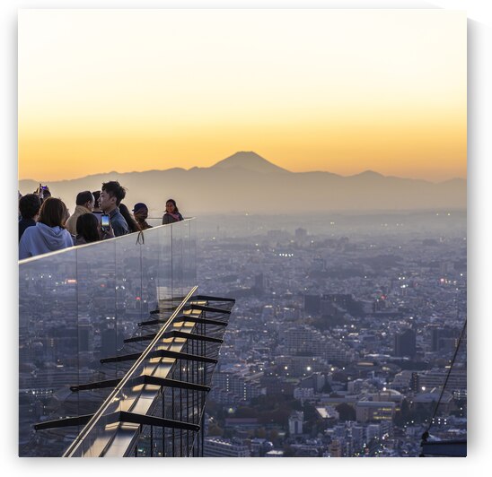 Tourists enjoying breathtaking sunset view over tokyo cityscape  by Gualtiero Boffi
