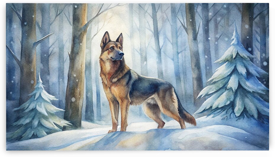 Noble German Shepherd in a Serene Snowy Forest - Watercolor Winter by jawad farah