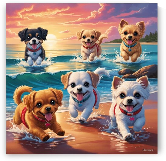 Adorable Puppies Playing at the Beach | Cute Sunset Dog Illustration by Kamal JR