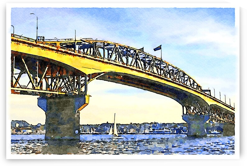 Auckland Harbour Bridge Evening Watercolour by Travelling Light