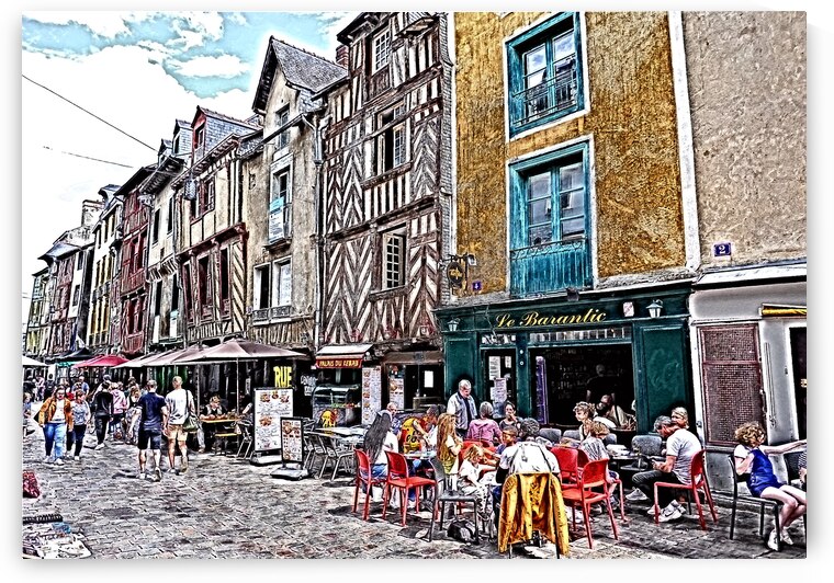 Cafes in medieval street Rennes paint effect by Paul Boizot