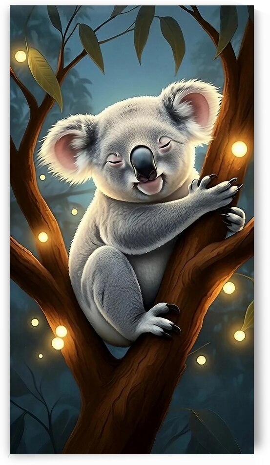 A koala sits contentedly on a tree trunk at night.  by hasan madan
