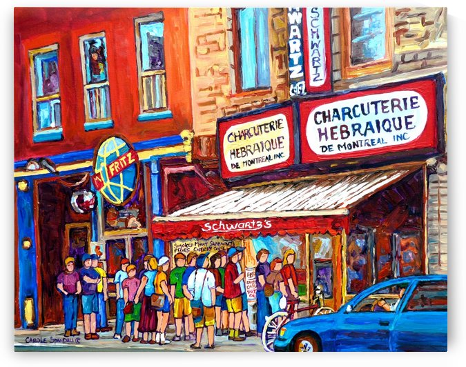 SCHWARTZ HEBREW DELI MONTREAL PAINTING PLATEAU  MONT ROYALBLUE CAR by Carole  Spandau