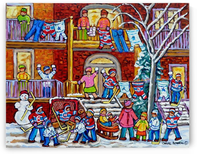 MONTREAL WINTER PORCH SCENE FUN WITH SNOW by Carole  Spandau