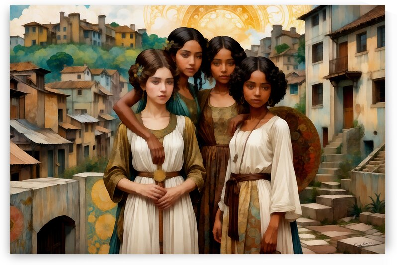 Beautiful Girls Multi Ethnic Best Friends in Village Painting by Sandy Richter