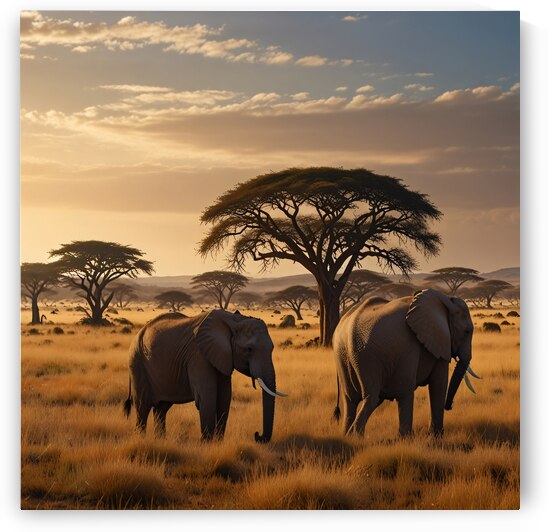 Golden Savanna: Sunlit Grasslands with Majestic Elephants and Acacia Trees by Ahmed Abdulaal