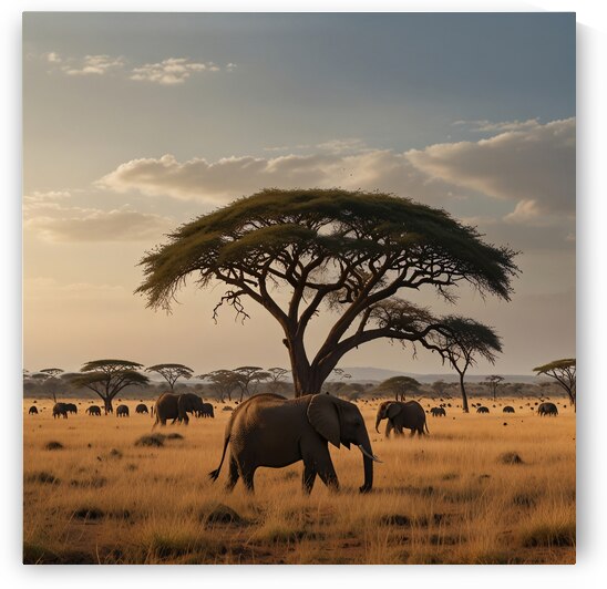 Vast Savannah with Acacia Trees and a Herd of Elephants in the Distance by Ahmed Abdulaal