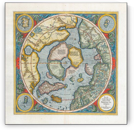 1595 Gerard Mercator Map of the Arctic – One of the Earliest Polar Projections Featuring Mythical Islands Magnetic Poles and Renaissance-Era Geographic Theories of the Frozen North by History In Your Home