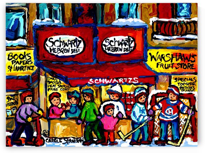 SCHWARTZ S DELI MONTREAL MONTREAL WINTER SCENE PAINTING  by Carole  Spandau
