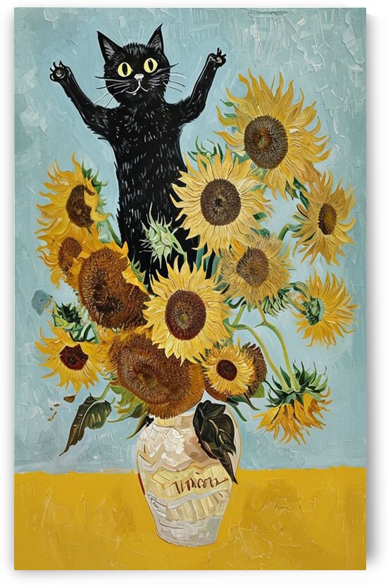 Playful Cat With Sunflowers Inspired By Van Gogh. by CHITOUR Mohammed
