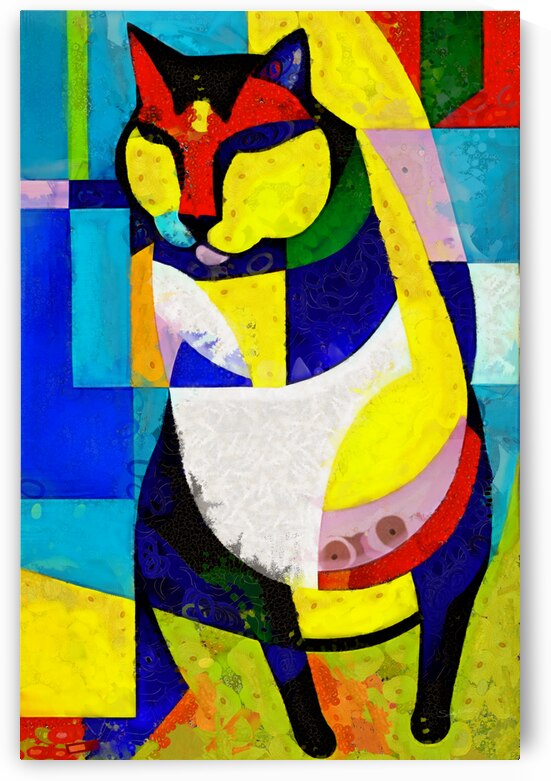 Colorful & Vibrant Retro Mid Century Modern Style Abstract Cat Painting by Sandy Richter