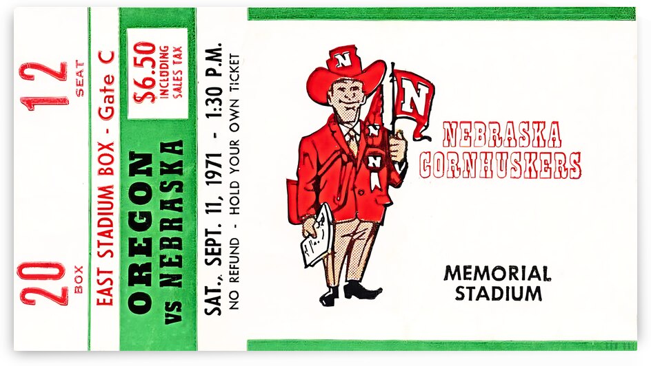 1971 Oregon vs. Nebraska Football Ticket Art by Row One Brand