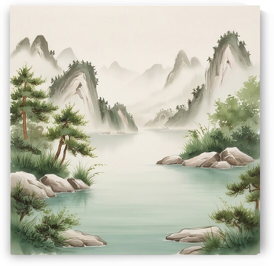 Tranquil Mist: Traditional East Asian Landscape Art in Watercolor by Nemer Mohammed