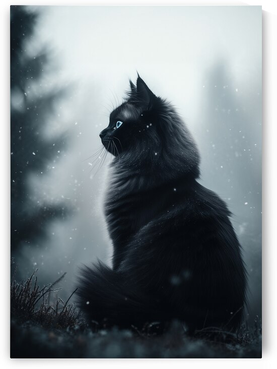 Black Cat with Blue Eyes – Serene Winter Landscape Artwork by Anne Laure GOUPIL