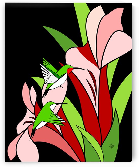 Stylized Floral and Hummingbird On Black Background by Liz Cereby