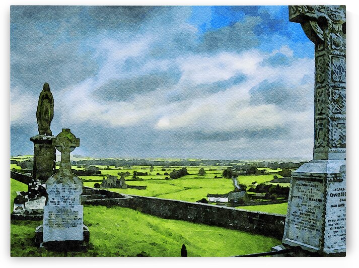 Watercolor depiction of Rock of Cashel cemetery amidst  rolling Irish landscape by Gestalt Imagery