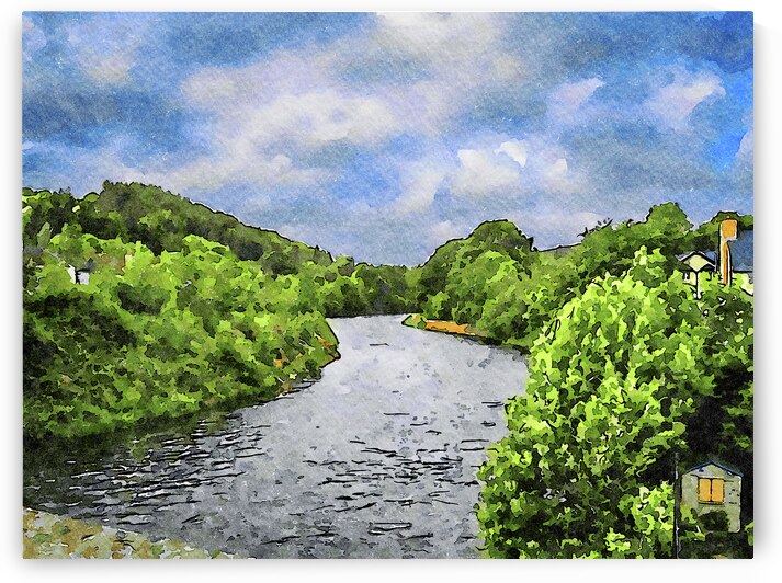 Serene watercolor landscape of a river in County Wicklow Ireland by Gestalt Imagery