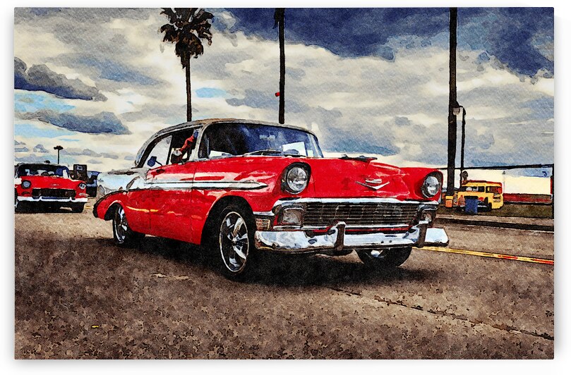 Watercolor art of a classic 1956 Chevrolet Bel Air by Gestalt Imagery