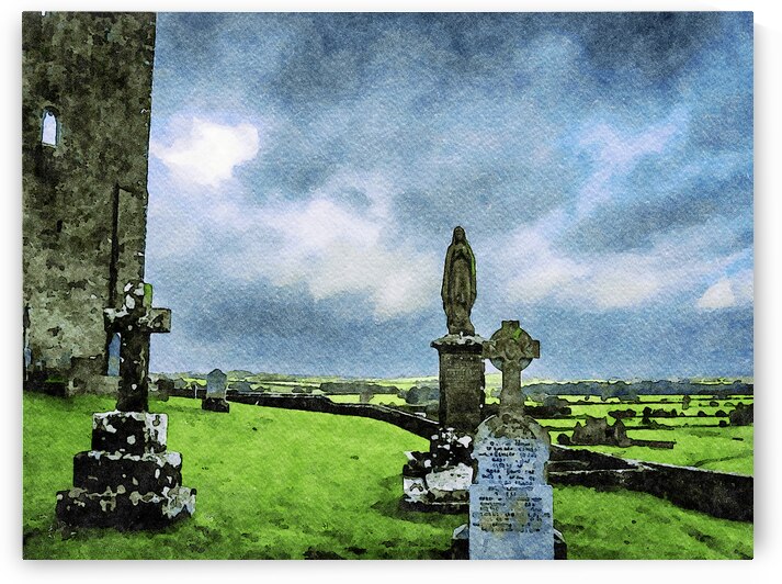 Watercolor painting of Rock of Cashel cemetery in Ireland with dramatic sky by Gestalt Imagery