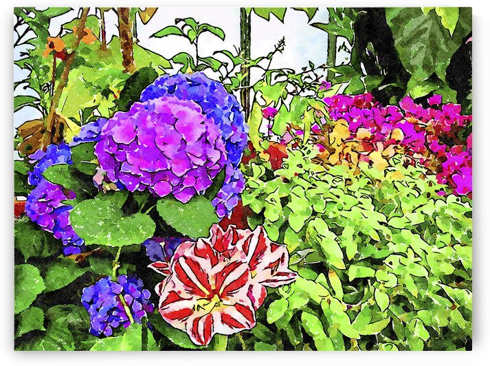 Colorful watercolor painting of blooming garden flowers by Gestalt Imagery