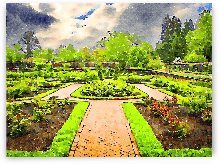 Tranquil watercolor garden with lush greenery and scenic pathway by Gestalt Imagery