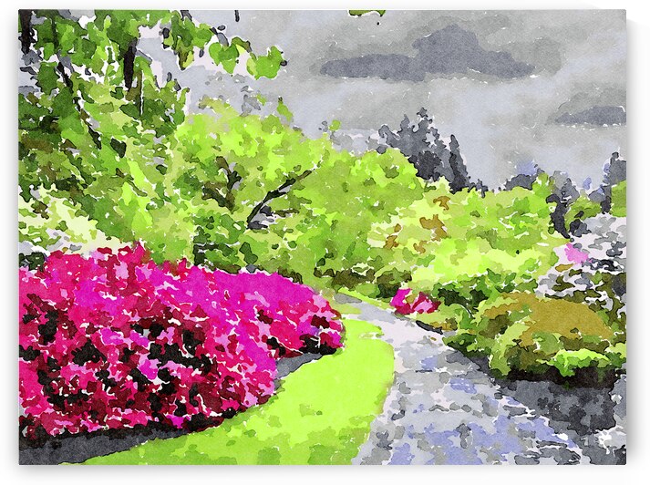 Serene garden path with vibrant pink blossoms in watercolor style by Gestalt Imagery