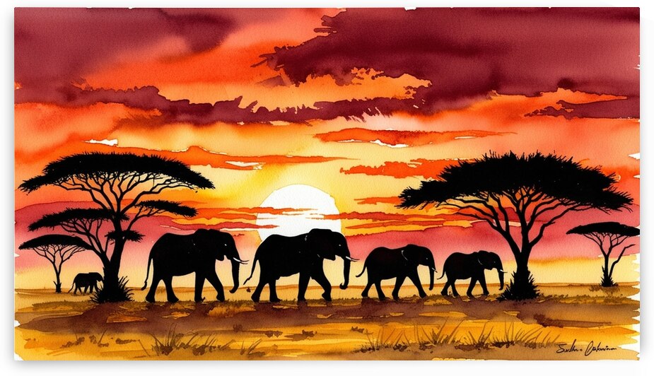 Golden Serengeti Silhouettes: Elephants at Dusk 1 by Mohammed adam